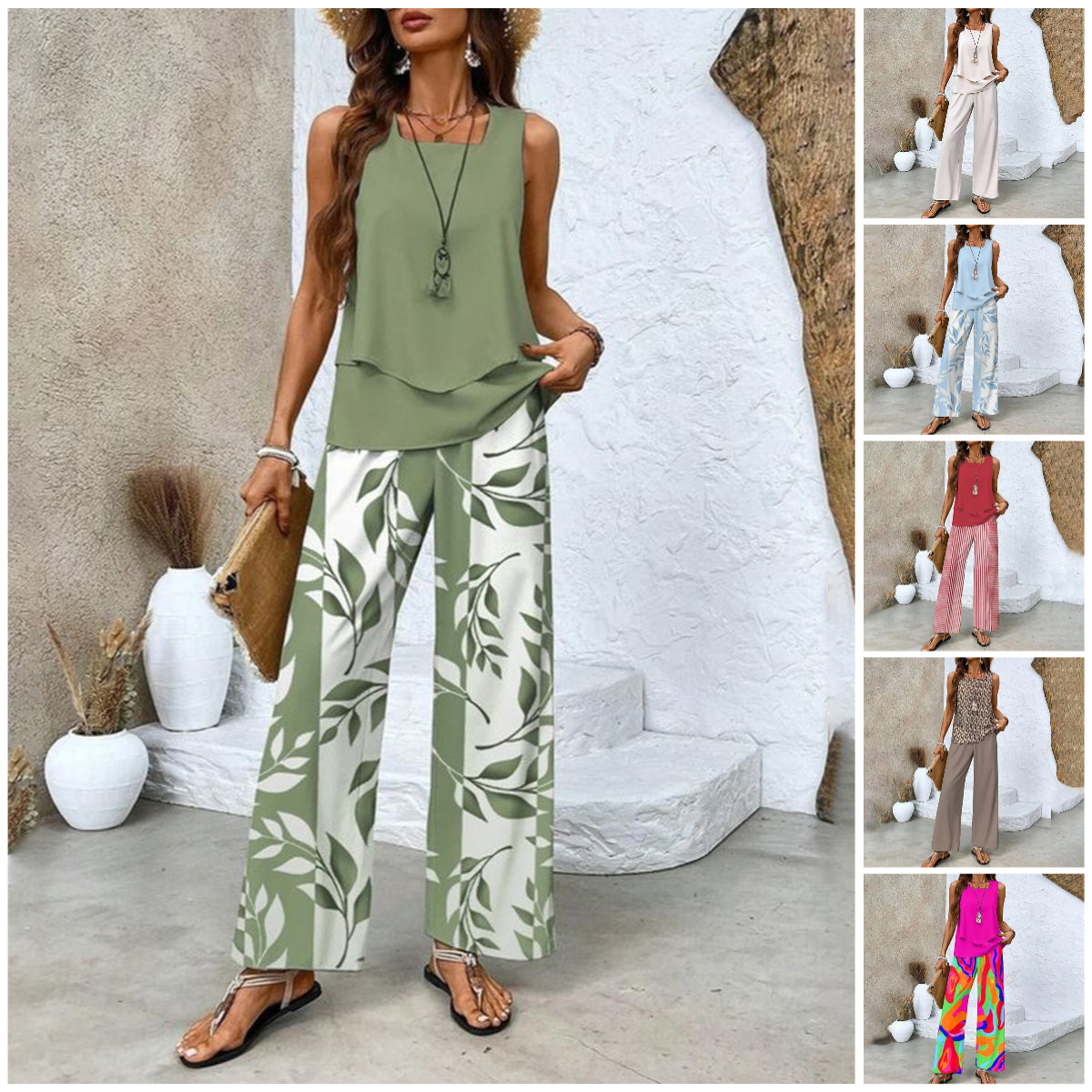 🌺 Women's Trendy Print 2-Piece Outfit – Sleeveless Top & Pants Combo!