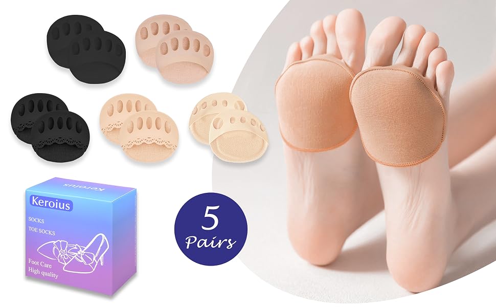 5 Pairs Ball of Foot Cushions Pads for Women – Reusable Honeycomb Forefoot Cushion Sleeves, Breathable Metatarsal Support Pads, Invisible Sponge Toe Topper Socks for High Heels & Daily Comfort