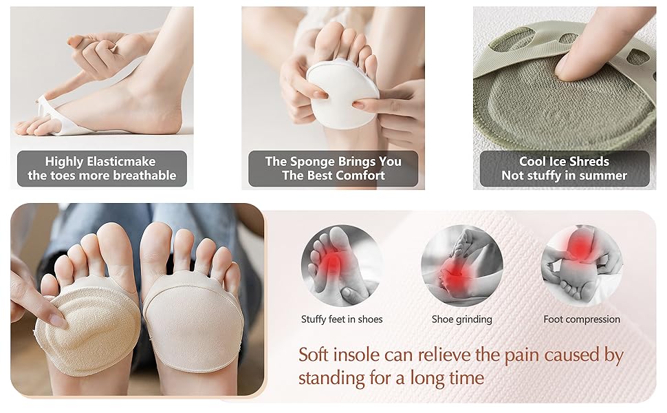 5 Pairs Ball of Foot Cushions Pads for Women – Reusable Honeycomb Forefoot Cushion Sleeves, Breathable Metatarsal Support Pads, Invisible Sponge Toe Topper Socks for High Heels & Daily Comfort