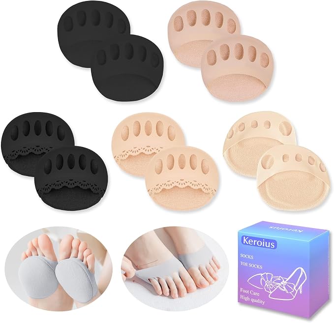 5 Pairs Ball of Foot Cushions Pads for Women – Reusable Honeycomb Forefoot Cushion Sleeves, Breathable Metatarsal Support Pads, Invisible Sponge Toe Topper Socks for High Heels & Daily Comfort