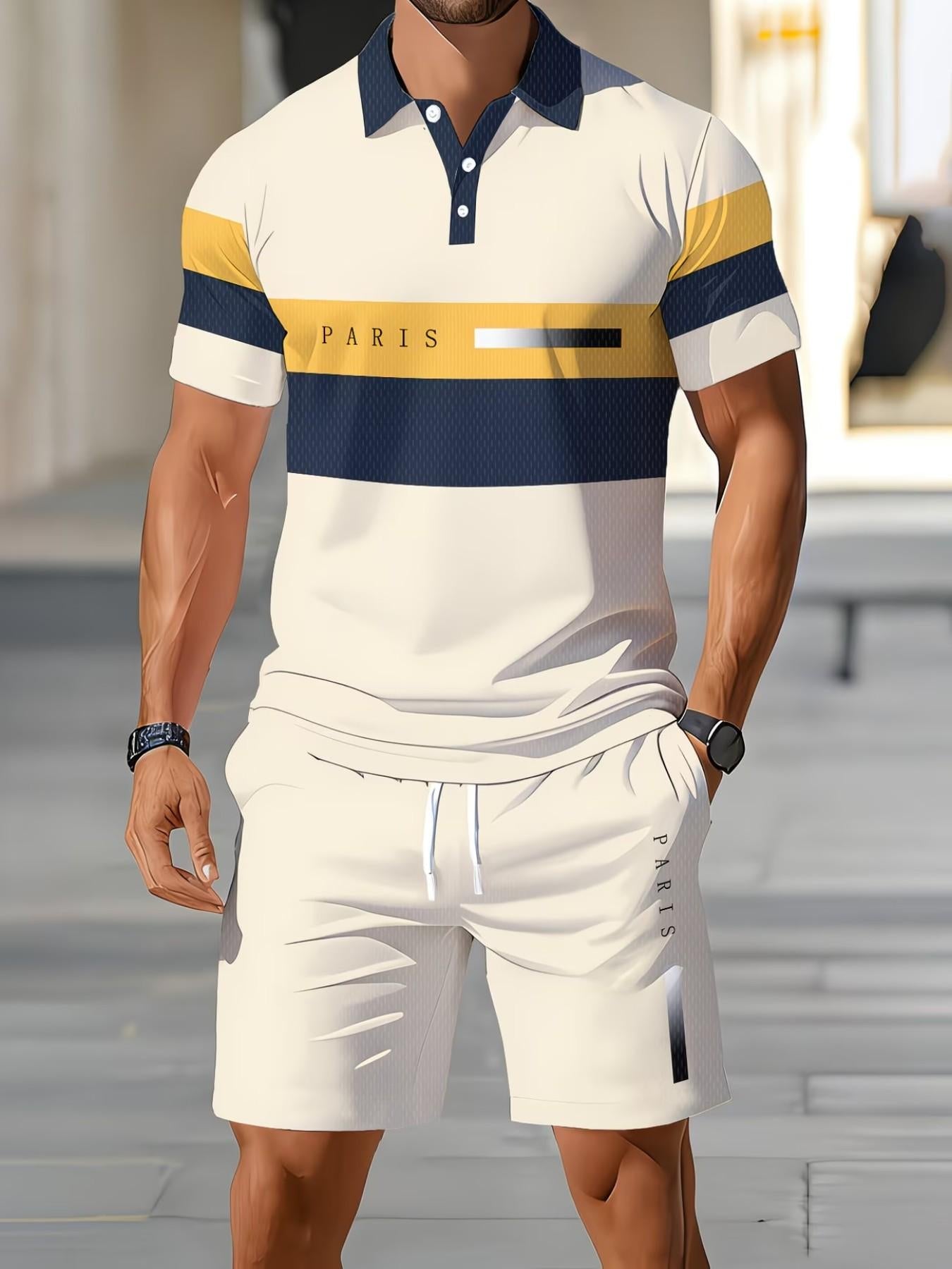 🔥Men's Short Sleeve Casual Set. Summer Beach Fashion Sport Wear. Plaid Pattern. Slim-Fitting. Above the Knee