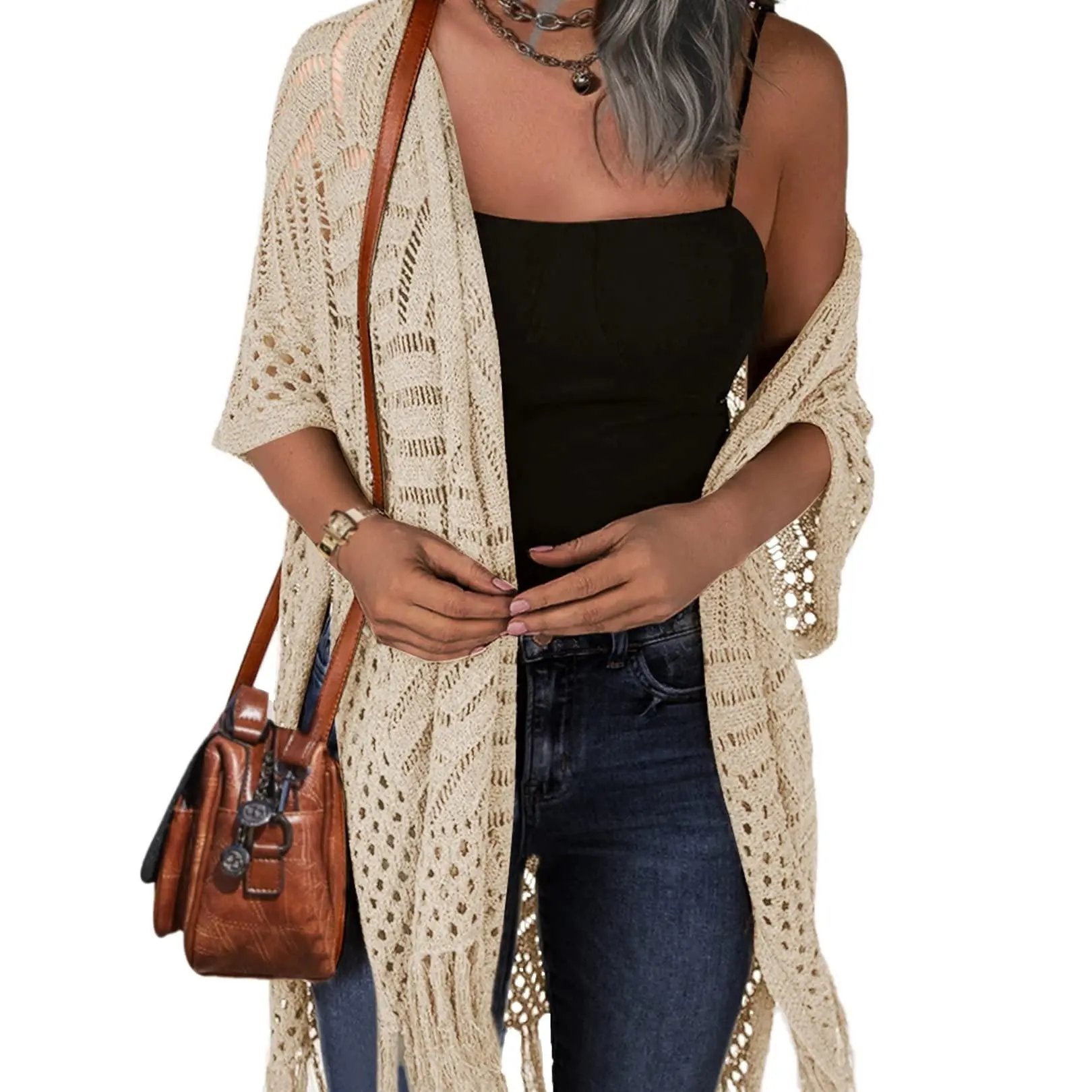 🔥This Week's Special Price:£15.99!!😍Women's Oversized Knit Cardigan – Lightweight Crochet Tassel Kimono for Spring & Summer 🌸