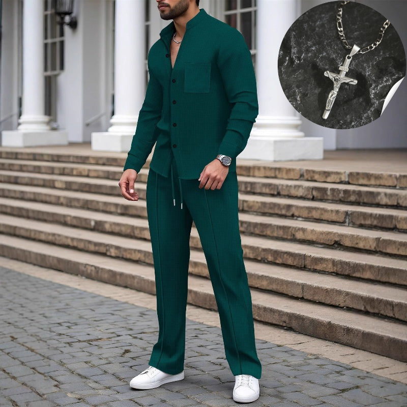 ⏳Time-Limited Special⏰Men's Casual Waffle Shirt Pants 2-Piece Set