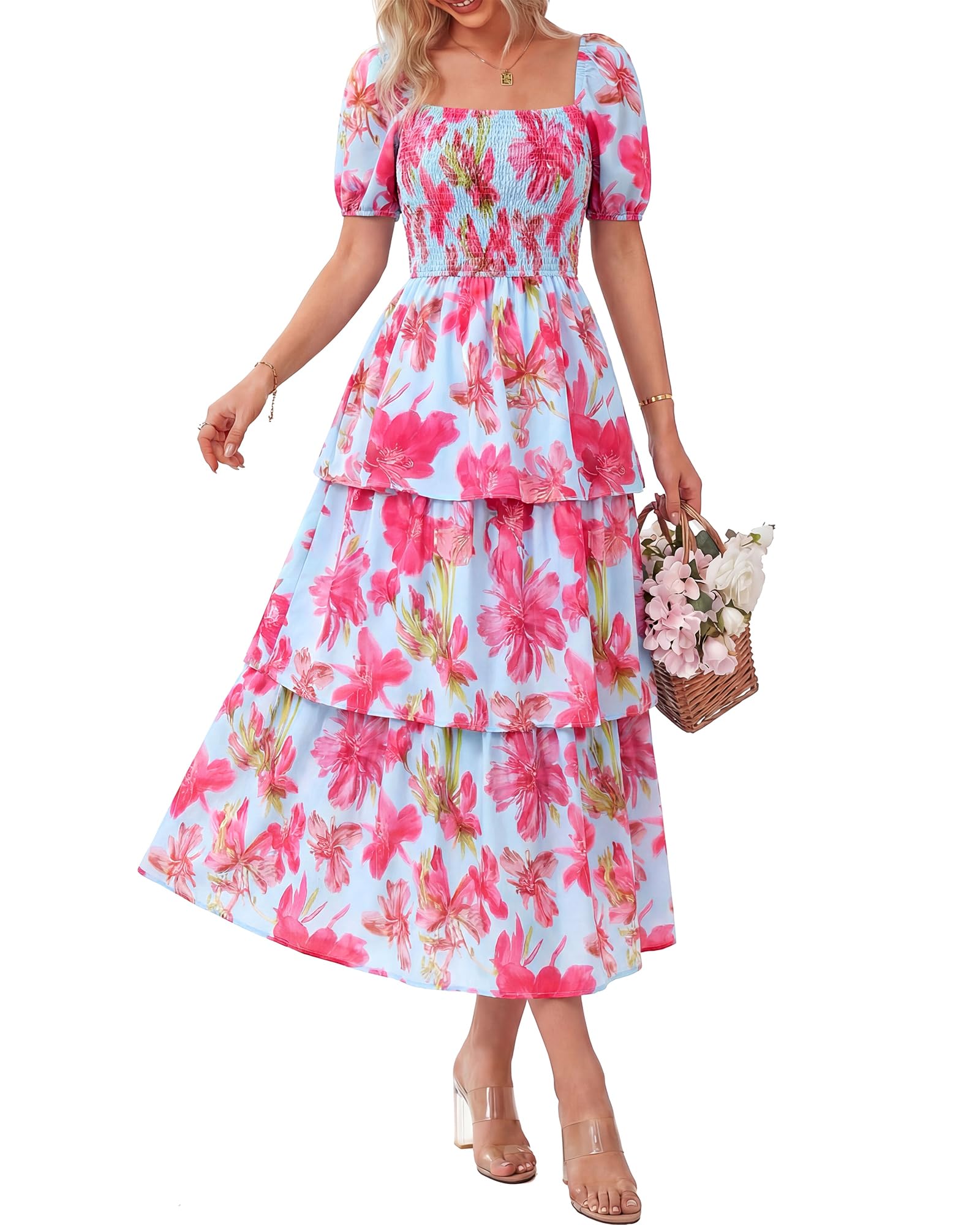 🌸 A summer dream – Chiffon maxi dress with a floral print and ruffles – short-sleeved with a round neckline👗
