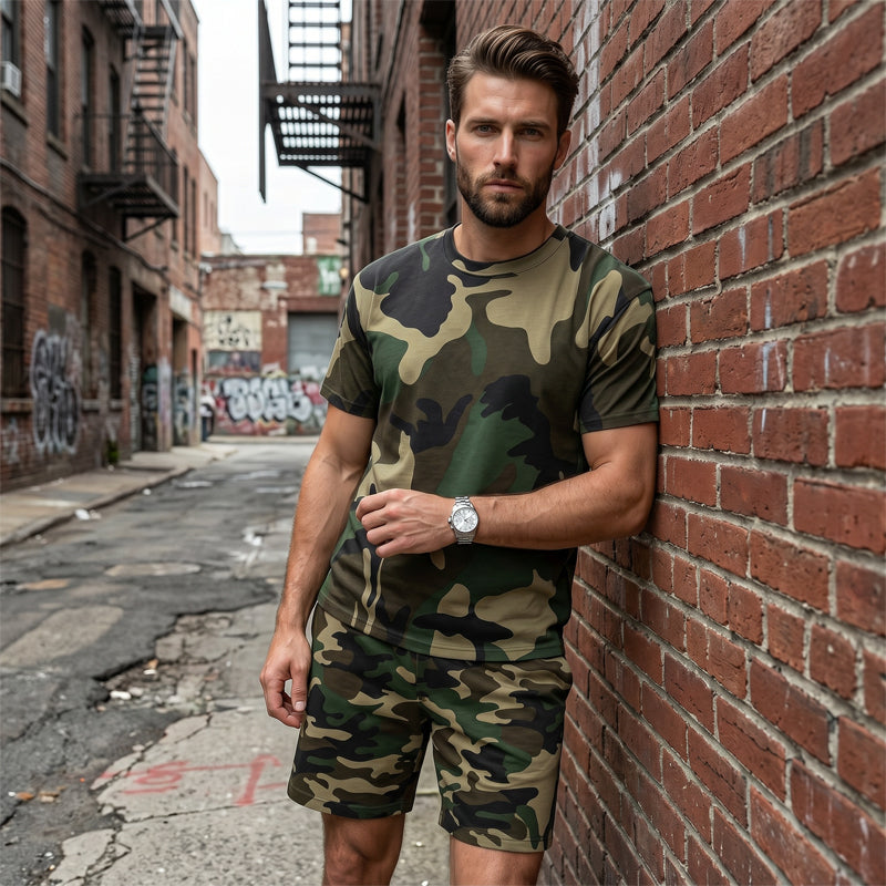🌿40% OFF！🌲Men's Camouflage Print T-Shirt & Shorts Set