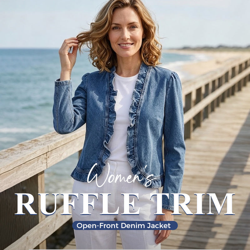 🥳2026 HOT SALE🥳💞50K+ SOLD!👵☀️ 56% OFF! Open-Front Denim Jacket – No buttons. easy on/off. Flattering ruffle trim. breathable fabric. Classic blue wash. A versatile wardrobe staple. 🌿✅