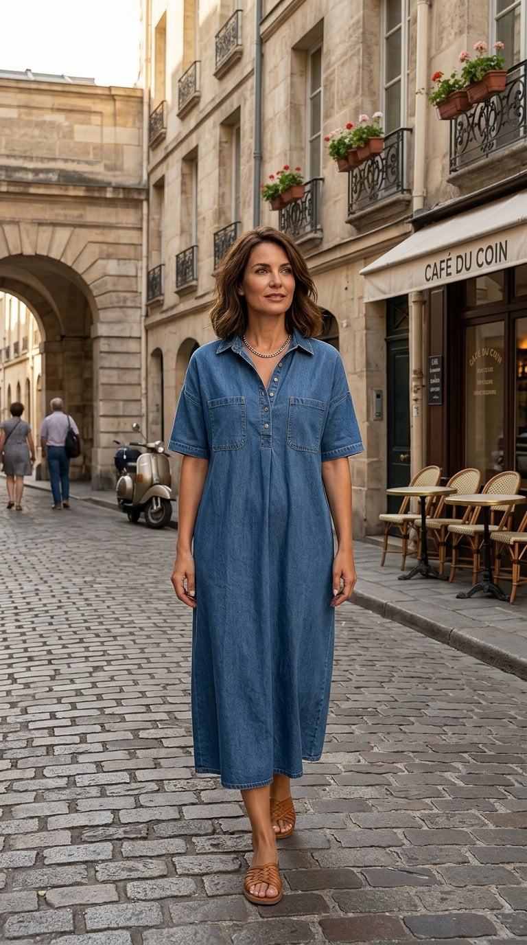 👗 60% OFF NOW! 👖 Casual Pocket Denim Midi Shirt Dress – Soft denim & relaxed fit – Functional pockets. perfect for everyday casual – comfortable and versatile ✨🌸