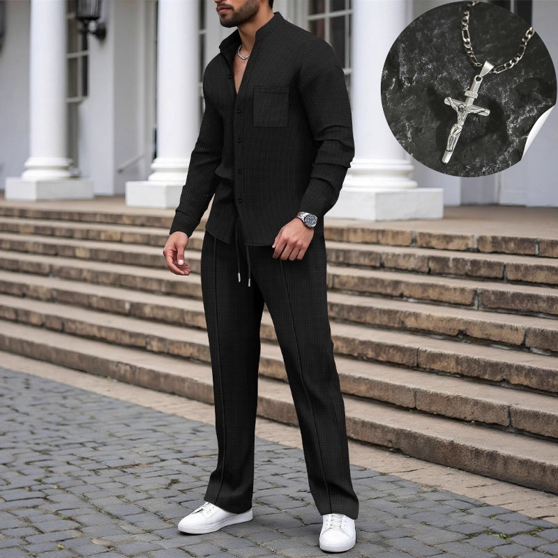 ⏳Time-Limited Special⏰Men's Casual Waffle Shirt Pants 2-Piece Set