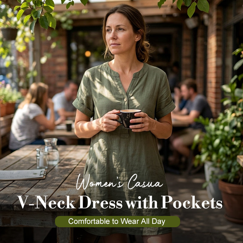 🏖️50% OFF!👗Women's V-Neck Tunic Dress – Relaxed Fit. Pockets & Breathable