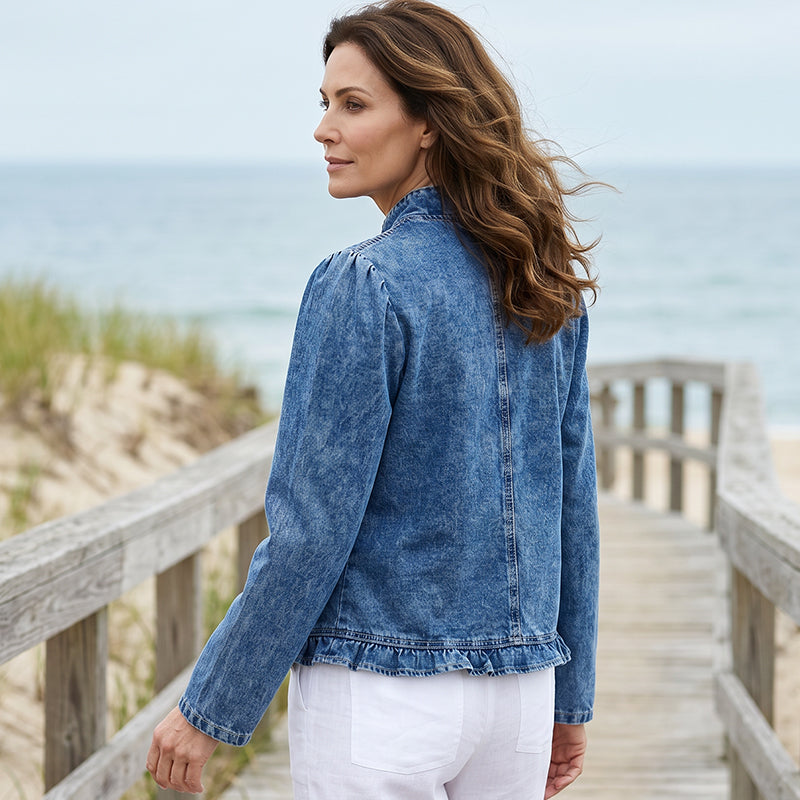 🥳2026 HOT SALE🥳💞50K+ SOLD!👵☀️ 56% OFF! Open-Front Denim Jacket – No buttons. easy on/off. Flattering ruffle trim. breathable fabric. Classic blue wash. A versatile wardrobe staple. 🌿✅