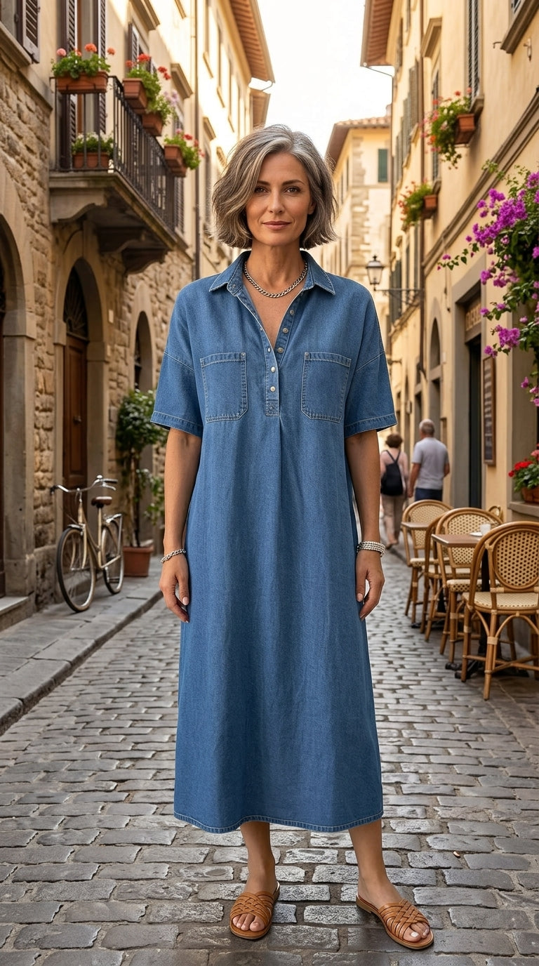 👗 60% OFF NOW! 👖 Casual Pocket Denim Midi Shirt Dress – Soft denim & relaxed fit – Functional pockets. perfect for everyday casual – comfortable and versatile ✨🌸