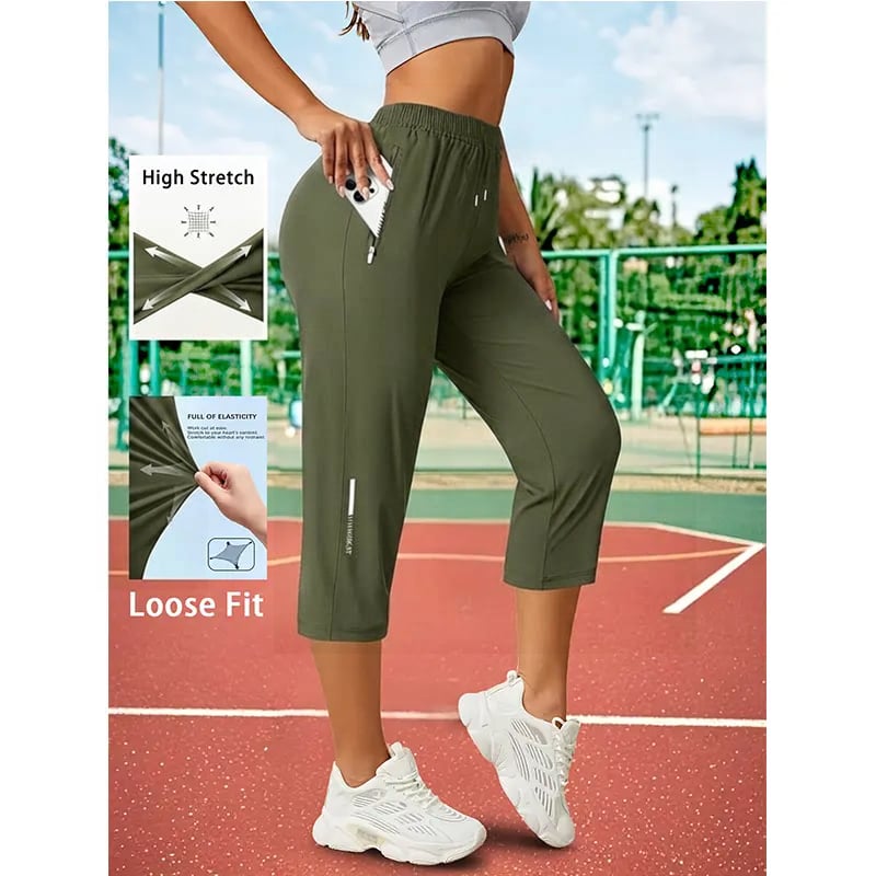 Women's Capri Pants – Loose Fit. Summer Drawstring Waist. Zipper Pockets. Breathable High-Stretch Fabric. Suitable for Everyday Wear