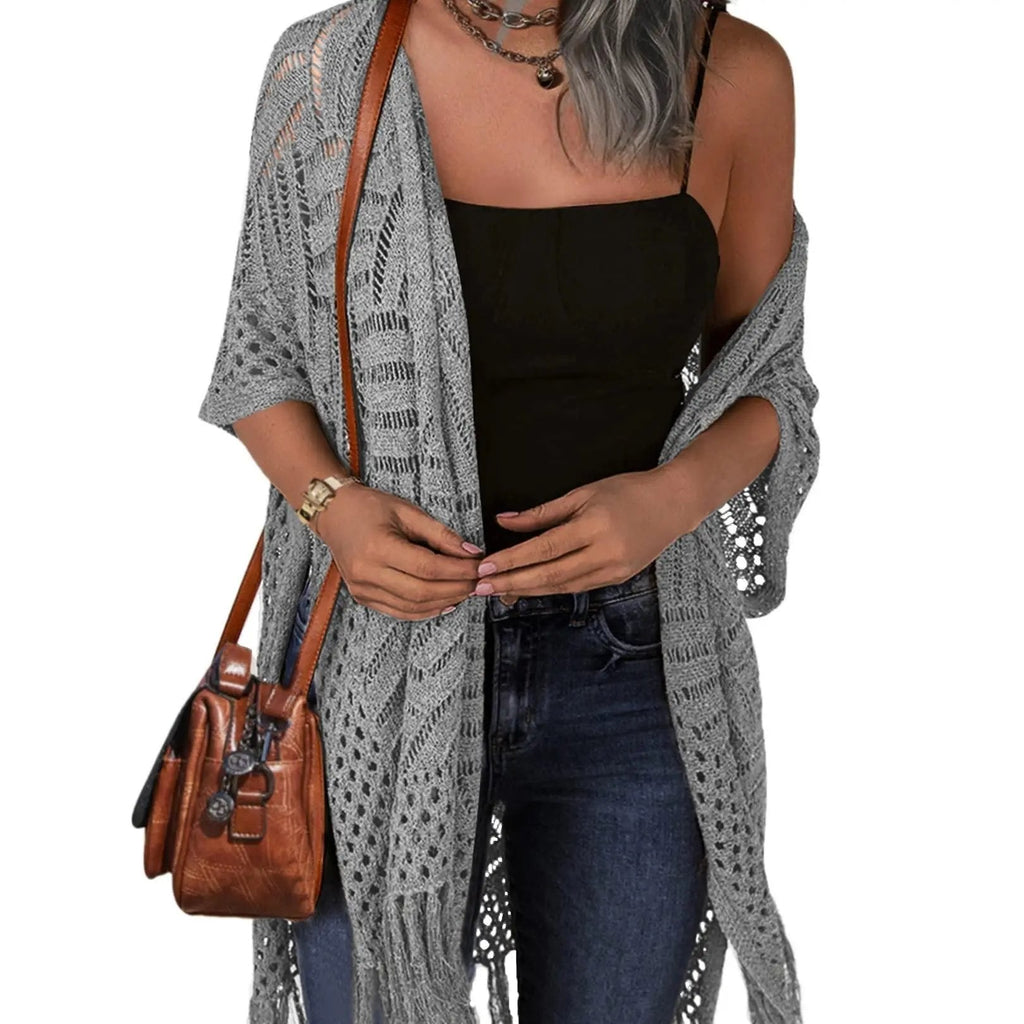 🔥This Week's Special Price:£15.99!!😍Women's Oversized Knit Cardigan – Lightweight Crochet Tassel Kimono for Spring & Summer 🌸