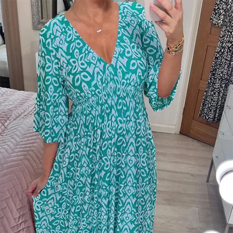 Bohemian Casual Print V-Neck Long Dress