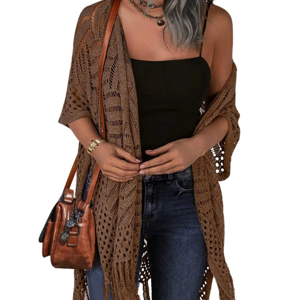 🔥This Week's Special Price:£15.99!!😍Women's Oversized Knit Cardigan – Lightweight Crochet Tassel Kimono for Spring & Summer 🌸