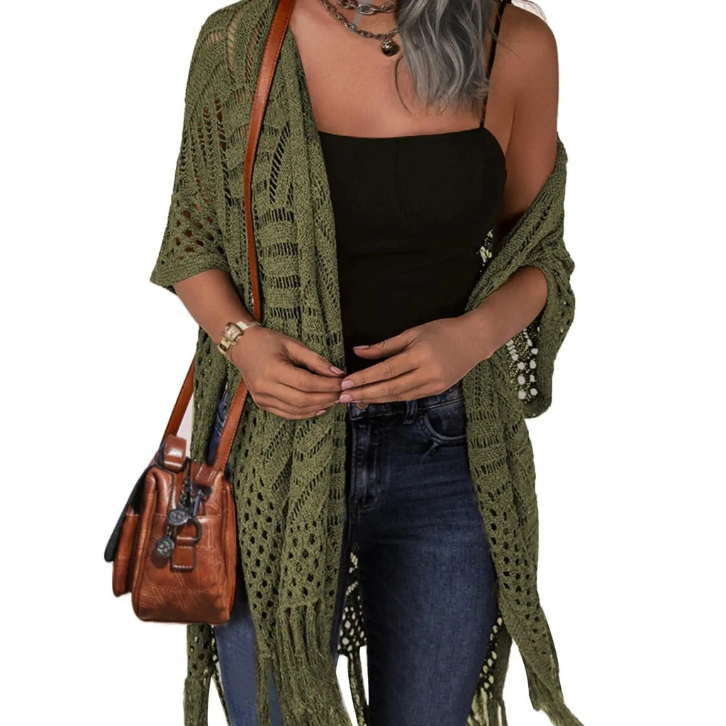 🔥This Week's Special Price:£15.99!!😍Women's Oversized Knit Cardigan – Lightweight Crochet Tassel Kimono for Spring & Summer 🌸