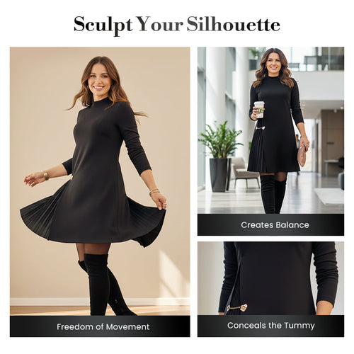 Elegant Long Sleeve Pleated Panel Dress