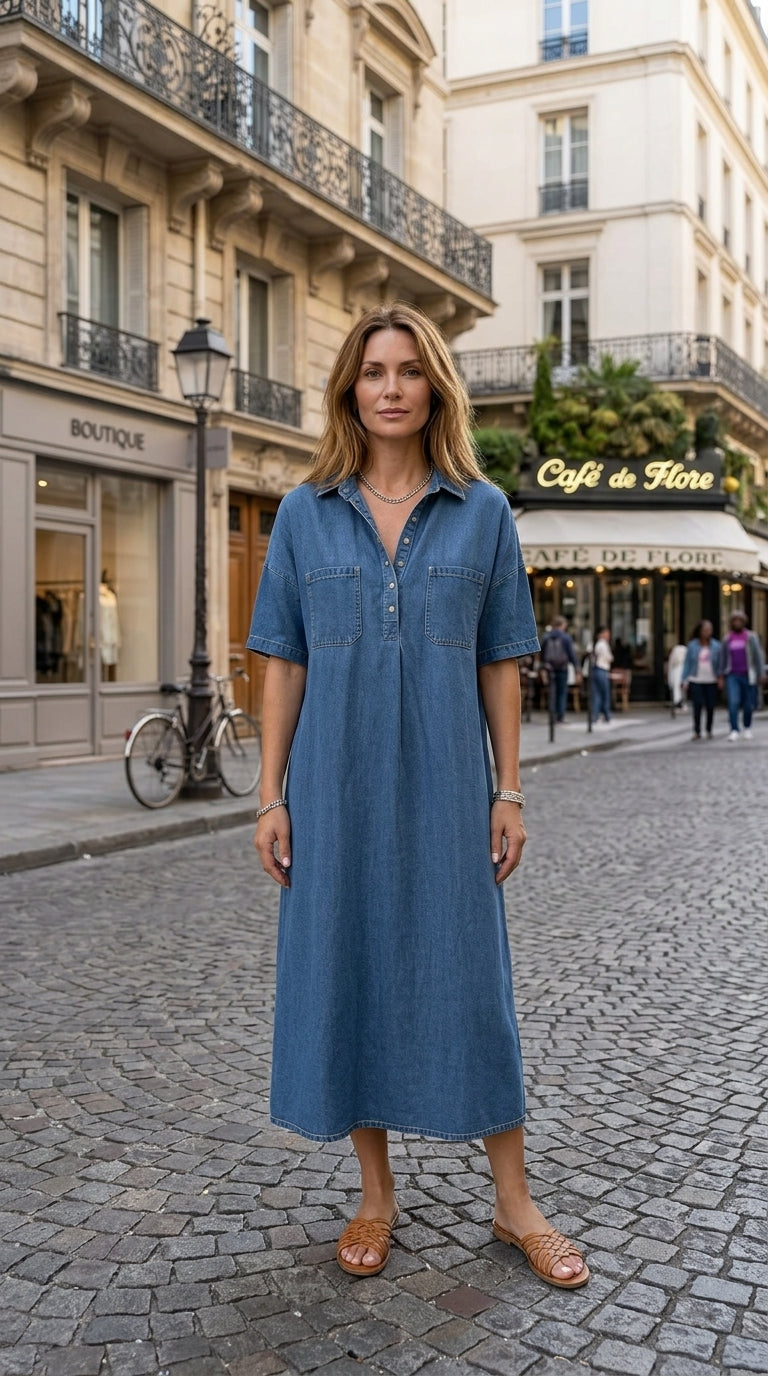 👗 60% OFF NOW! 👖 Casual Pocket Denim Midi Shirt Dress – Soft denim & relaxed fit – Functional pockets. perfect for everyday casual – comfortable and versatile ✨🌸