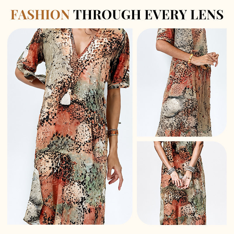 💥Women's Vivid Printed V-Neck Midi Dress
