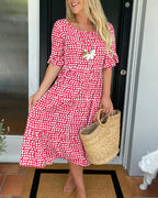 Round Neck Polka Dot Print Midi Dress