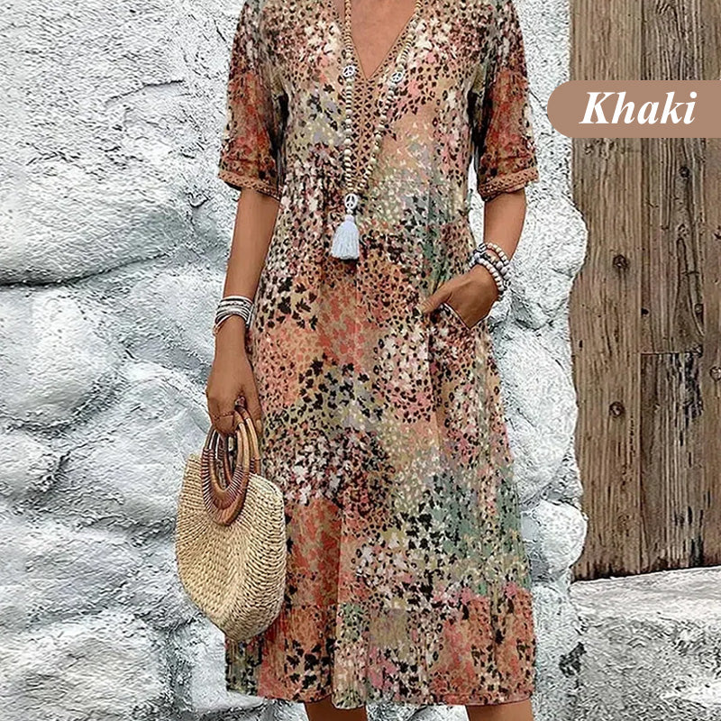 💥Women's Vivid Printed V-Neck Midi Dress