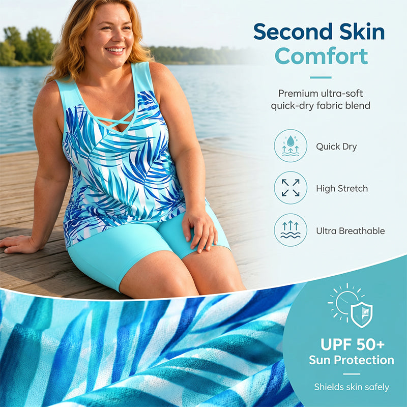 🏖️ 50% OFF! ✨ Sporty Two-Piece Bathing Suit – Criss-Cross Neck. Boy Shorts. Quick-Dry 🏄‍♀️