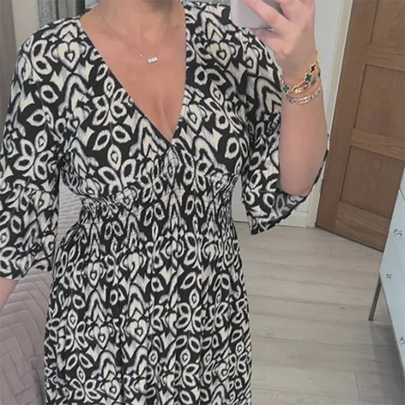 Bohemian Casual Print V-Neck Long Dress
