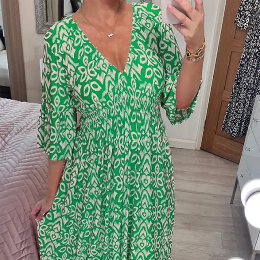 Bohemian Casual Print V-Neck Long Dress