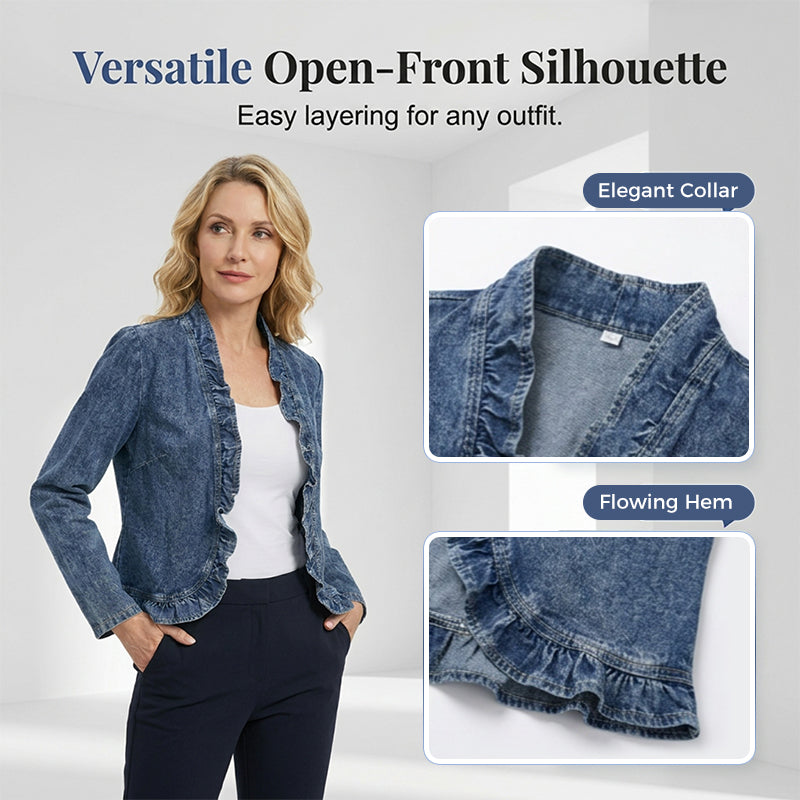 🥳2026 HOT SALE🥳💞50K+ SOLD!👵☀️ 56% OFF! Open-Front Denim Jacket – No buttons. easy on/off. Flattering ruffle trim. breathable fabric. Classic blue wash. A versatile wardrobe staple. 🌿✅