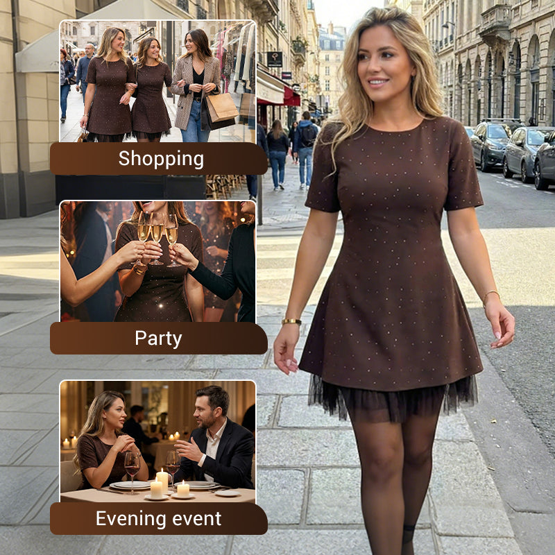 🔥Hot Sale Offers-Women's Sparkling Lace Trim Short-Sleeve Mini Dress | Elegant & Shimmering