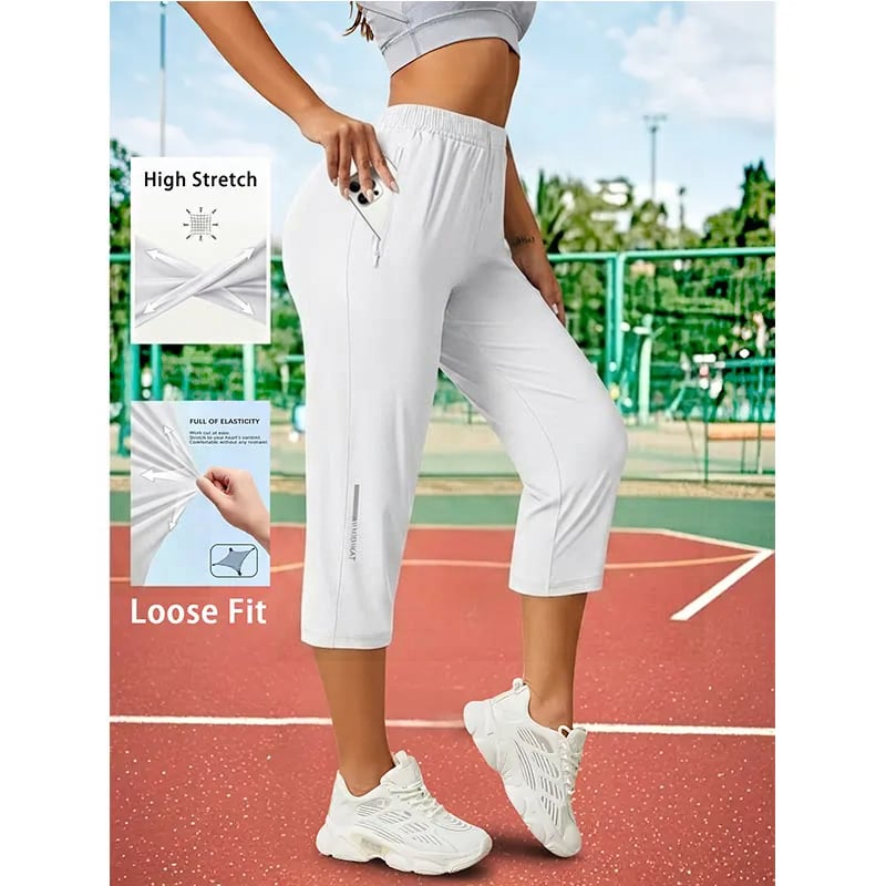 Women's Capri Pants – Loose Fit. Summer Drawstring Waist. Zipper Pockets. Breathable High-Stretch Fabric. Suitable for Everyday Wear