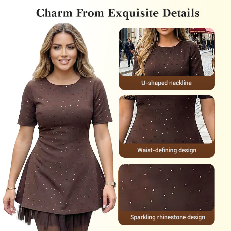 🔥Hot Sale Offers-Women's Sparkling Lace Trim Short-Sleeve Mini Dress | Elegant & Shimmering