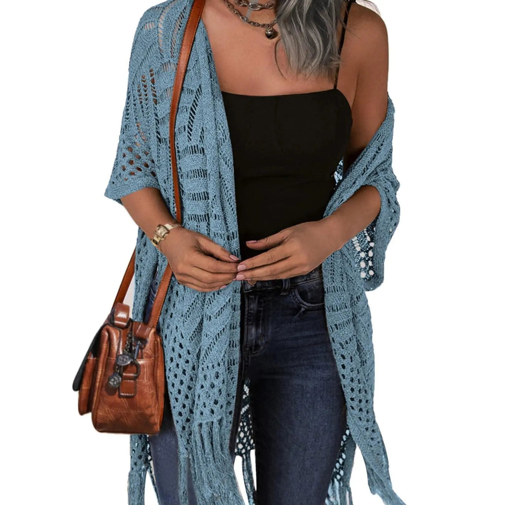 🔥This Week's Special Price:£15.99!!😍Women's Oversized Knit Cardigan – Lightweight Crochet Tassel Kimono for Spring & Summer 🌸