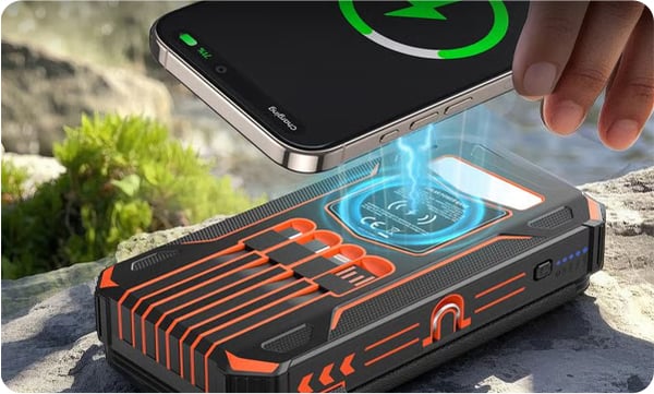 Foldable Solar Power Bank with Built-in Cables & Wireless Charging, Black Orange