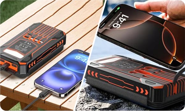 Foldable Solar Power Bank with Built-in Cables & Wireless Charging, Black Orange