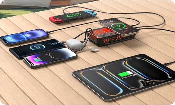 Foldable Solar Power Bank with Built-in Cables & Wireless Charging, Black Orange