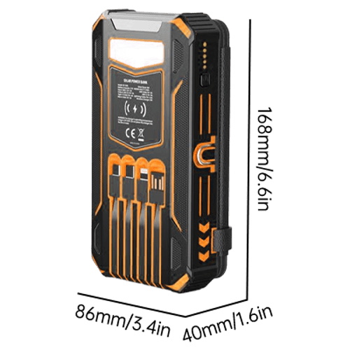 Foldable Solar Power Bank with Built-in Cables & Wireless Charging, Black Orange