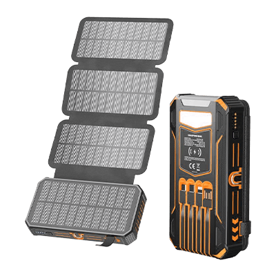Foldable Solar Power Bank with Built-in Cables & Wireless Charging, Black Orange