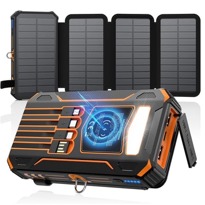 Foldable Solar Power Bank with Built-in Cables & Wireless Charging, Black Orange