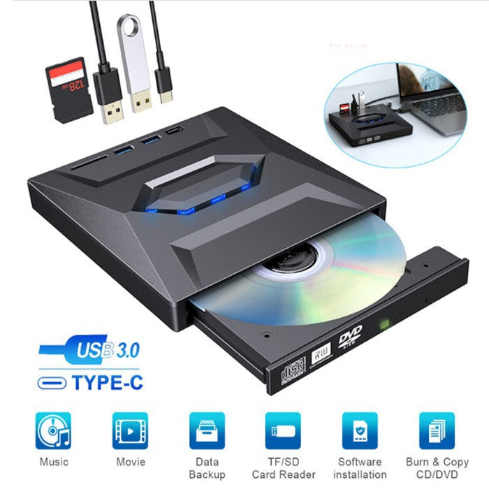 7-in-1 Portable External Blu-ray DVD Drive with USB Hub SD Card Slot, Plug & Play Optical Drive for Laptop Desktop