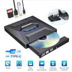 7-in-1 Portable External Blu-ray DVD Drive with USB Hub SD Card Slot, Plug & Play Optical Drive for Laptop Desktop