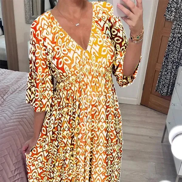 Bohemian Casual Print V-Neck Long Dress