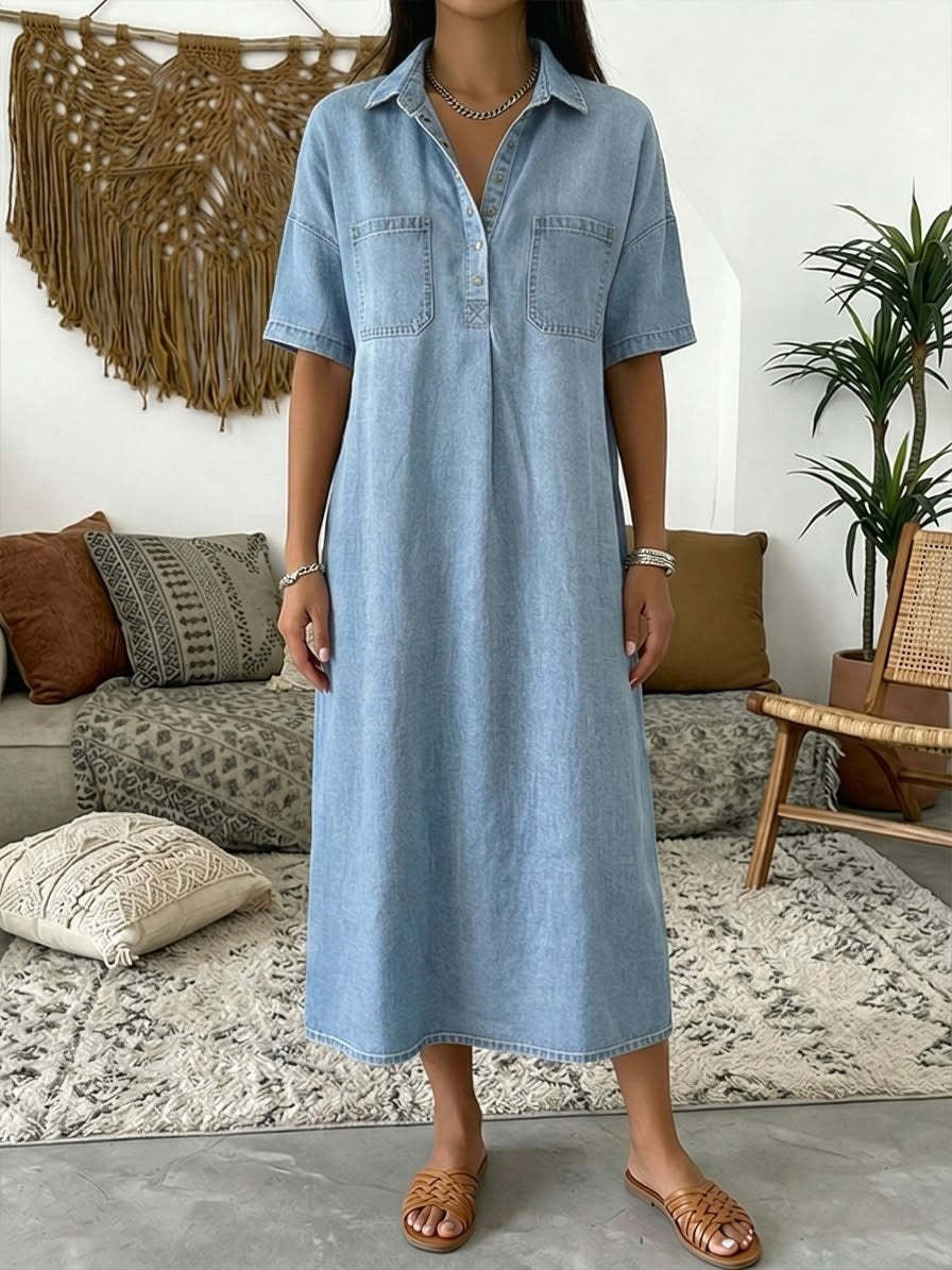 👗 60% OFF NOW! 👖 Casual Pocket Denim Midi Shirt Dress – Soft denim & relaxed fit – Functional pockets. perfect for everyday casual – comfortable and versatile ✨🌸