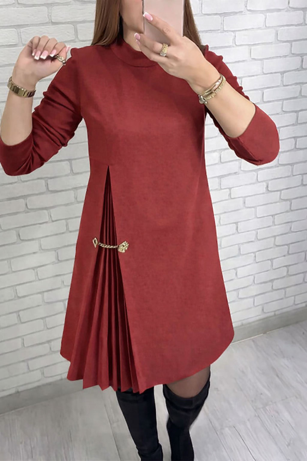 Elegant Long Sleeve Pleated Panel Dress