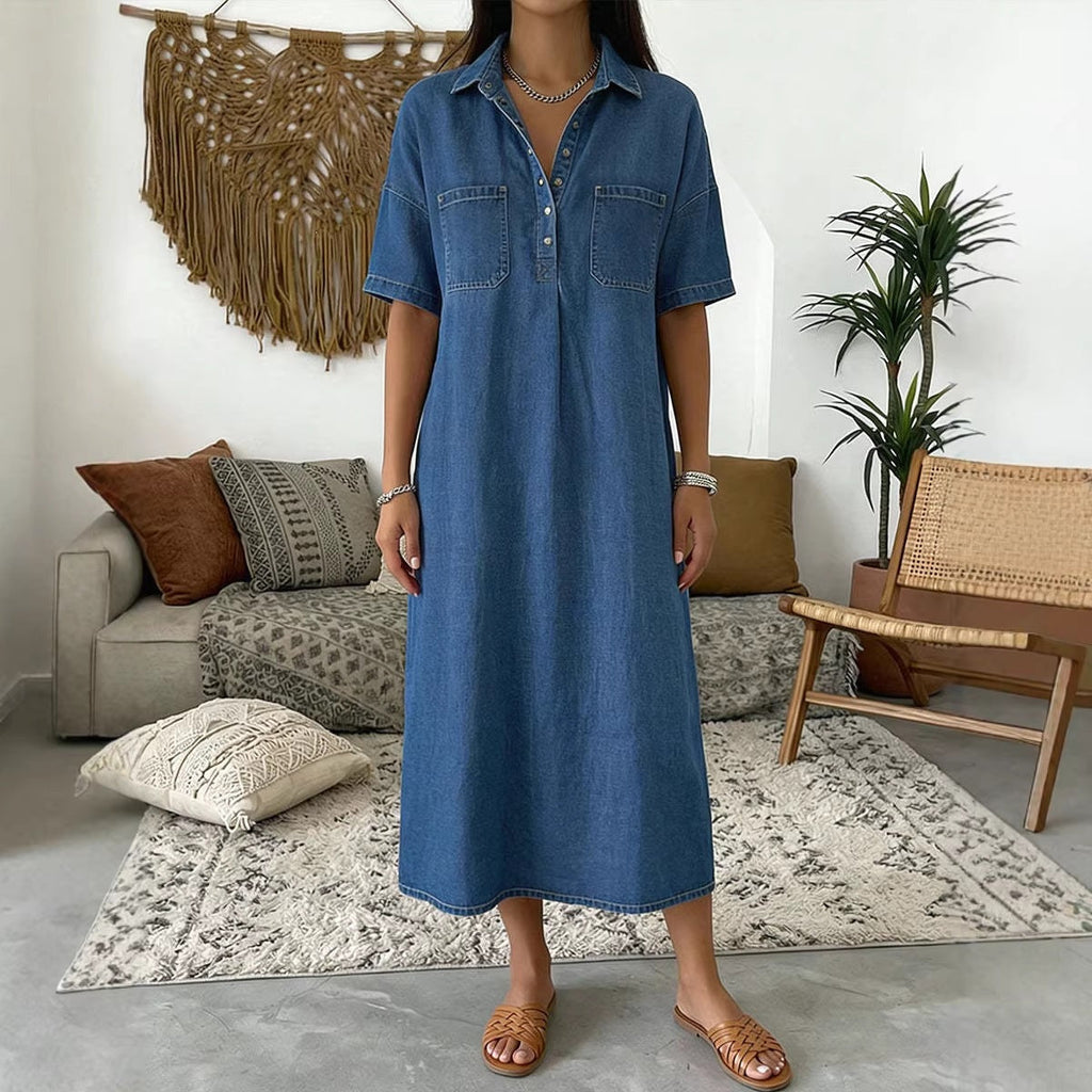 👗 60% OFF NOW! 👖 Casual Pocket Denim Midi Shirt Dress – Soft denim & relaxed fit – Functional pockets. perfect for everyday casual – comfortable and versatile ✨🌸
