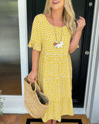 Round Neck Polka Dot Print Midi Dress