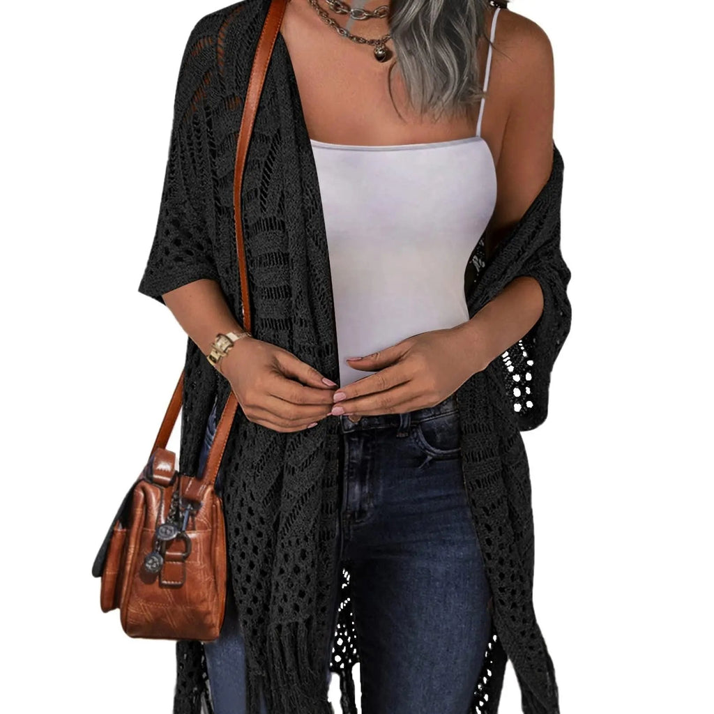 🔥This Week's Special Price:£15.99!!😍Women's Oversized Knit Cardigan – Lightweight Crochet Tassel Kimono for Spring & Summer 🌸