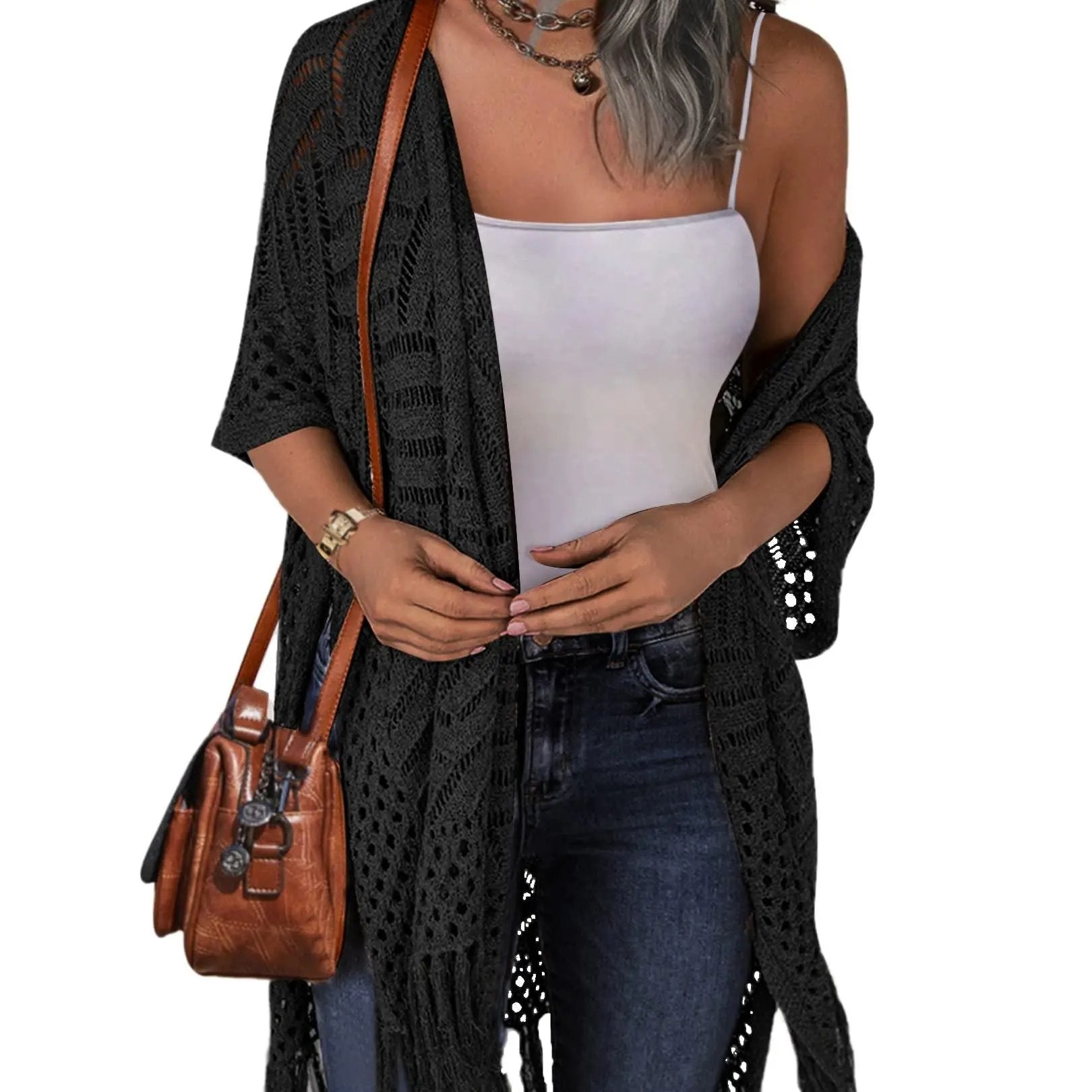 🔥This Week's Special Price:£15.99!!😍Women's Oversized Knit Cardigan – Lightweight Crochet Tassel Kimono for Spring & Summer 🌸