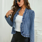 🥳2026 HOT SALE🥳💞50K+ SOLD!👵☀️ 56% OFF! Open-Front Denim Jacket – No buttons. easy on/off. Flattering ruffle trim. breathable fabric. Classic blue wash. A versatile wardrobe staple. 🌿✅
