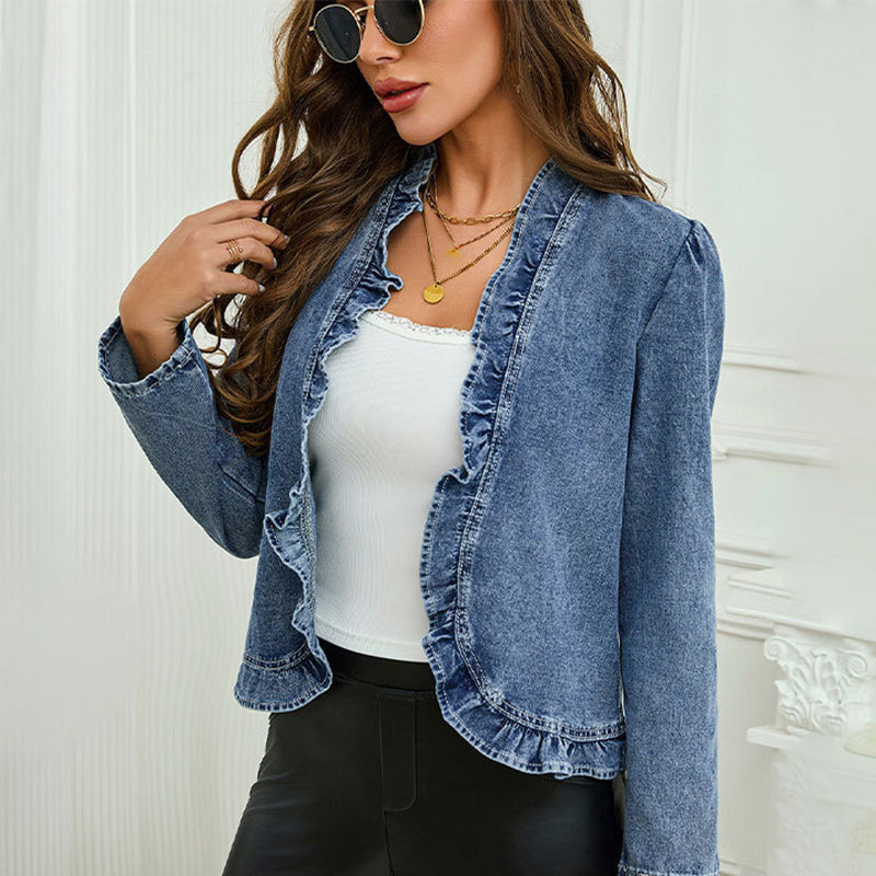 🥳2026 HOT SALE🥳💞50K+ SOLD!👵☀️ 56% OFF! Open-Front Denim Jacket – No buttons. easy on/off. Flattering ruffle trim. breathable fabric. Classic blue wash. A versatile wardrobe staple. 🌿✅